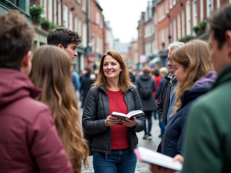 A group enjoying a literary walking tour on a Dublin street